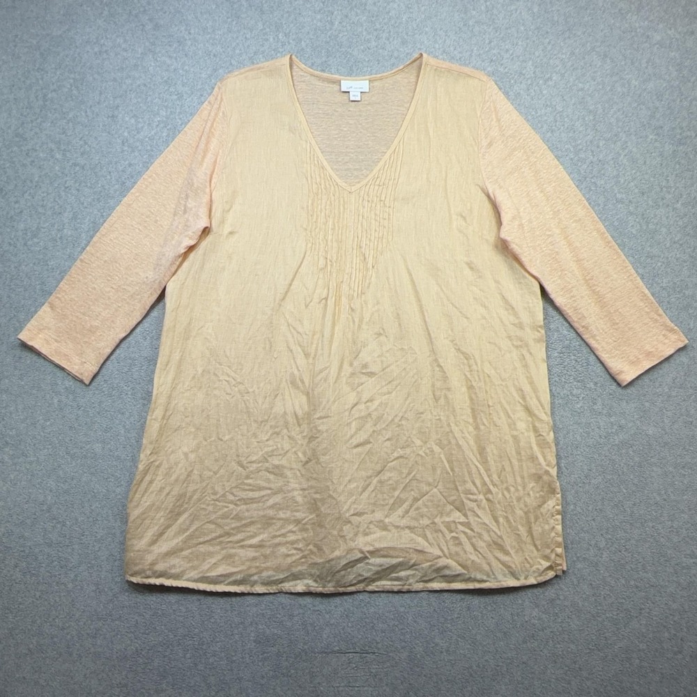J Jill Love Linen Shirt Womens Large Peach V Neck 3/4 Sleeve Pintuck Mixed Media